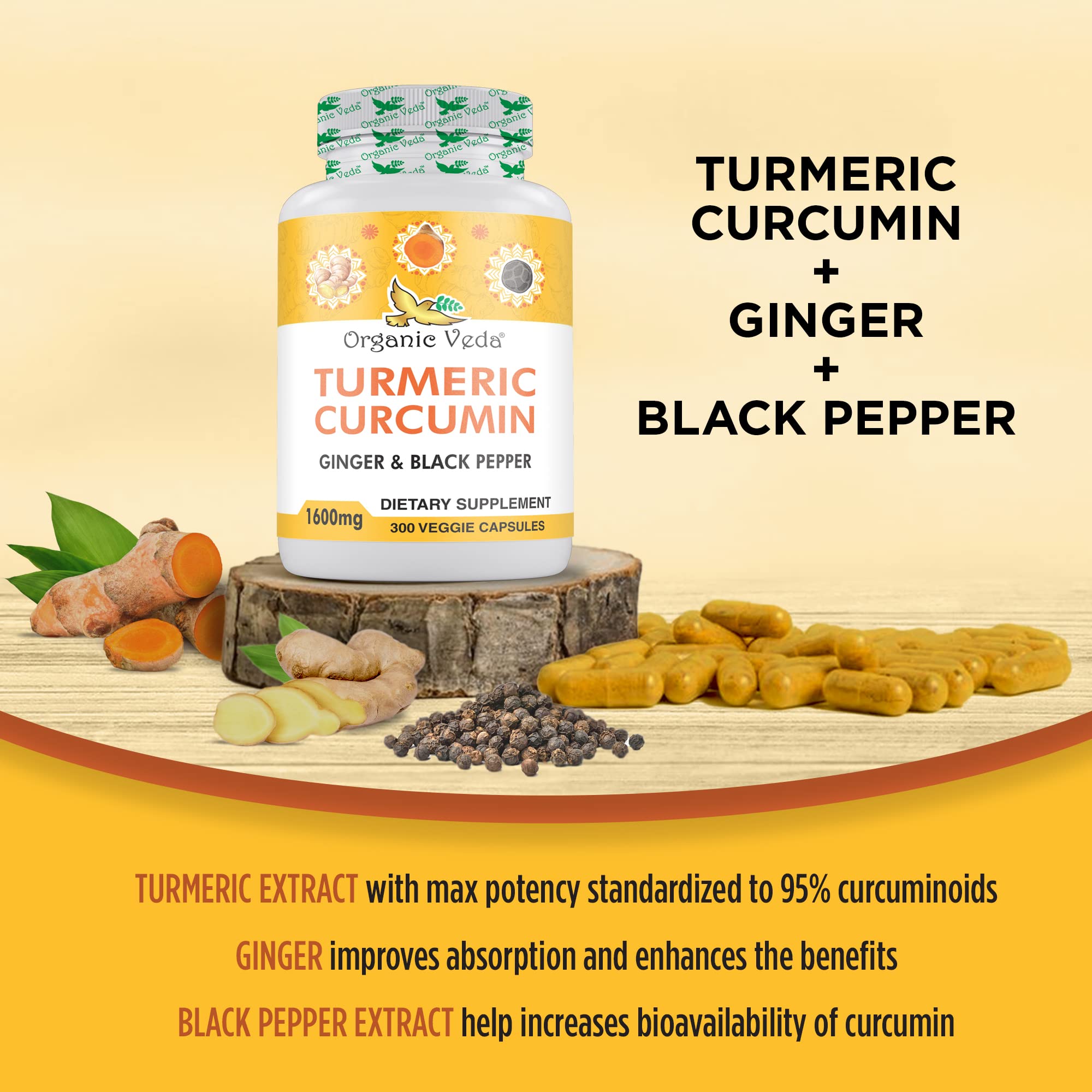Organic Veda turmeric ginger capsules ginger and turmeric ingredients scene highlights blend