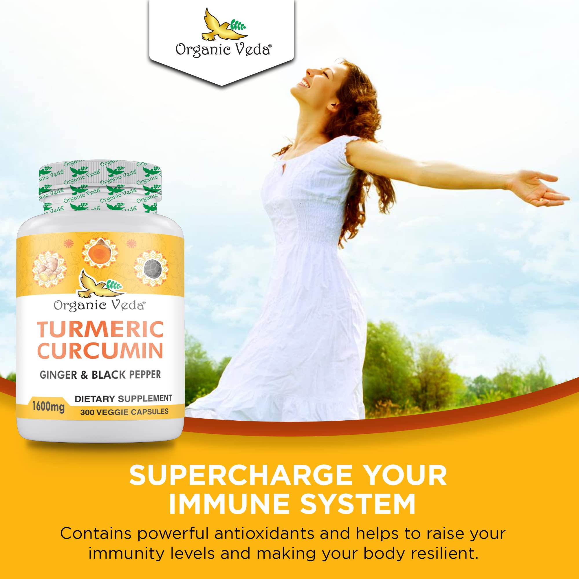 Organic Veda turmeric ginger capsules lifestyle kitchen scene for routine wellness