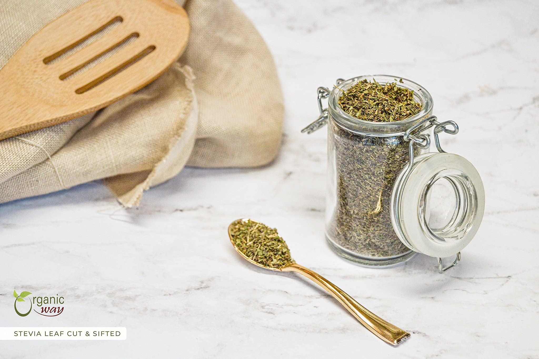 Organic Way Stevia leaf cut & sifted close up reveals even texture and minimal dust.