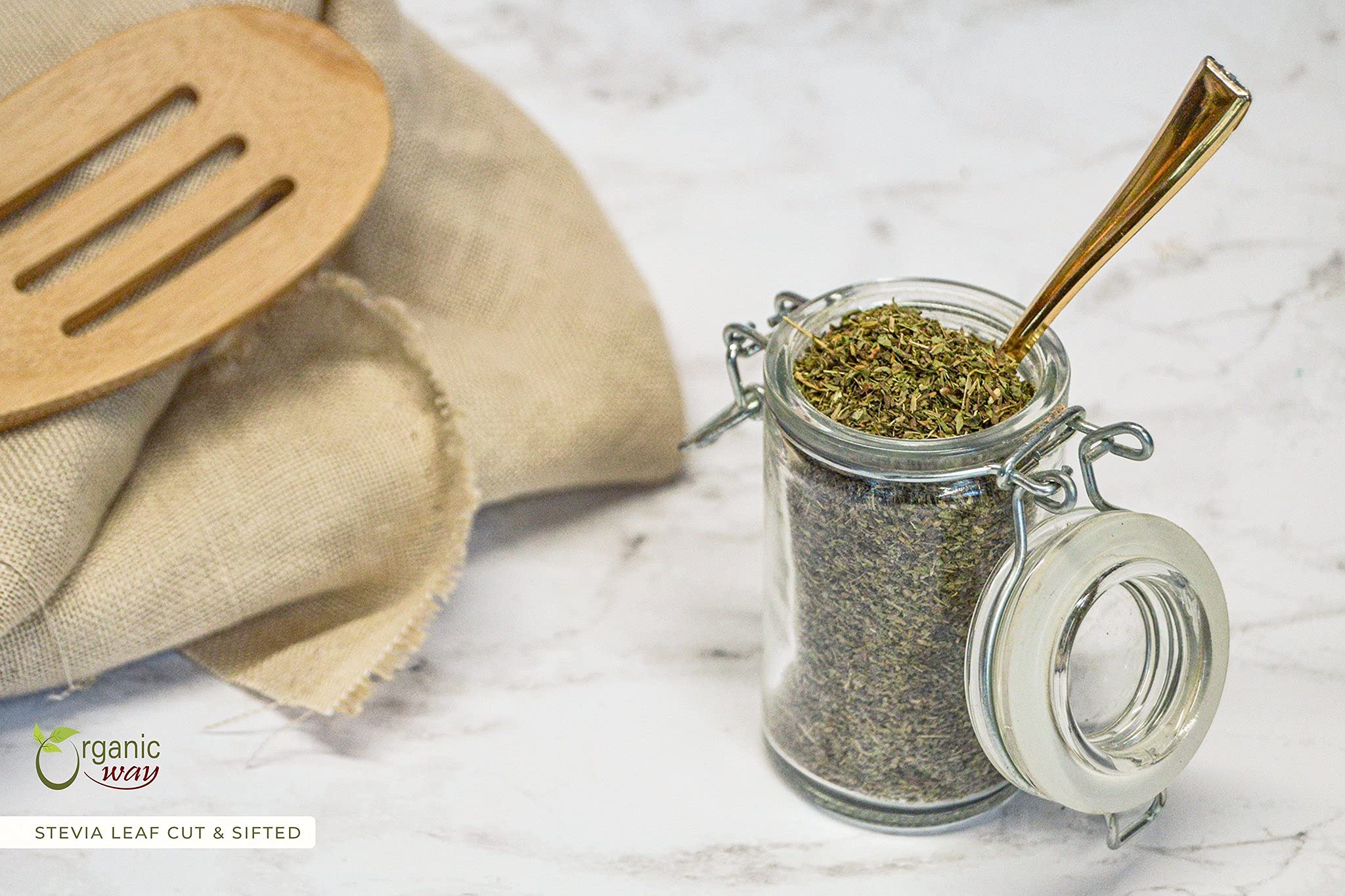 Organic Way Stevia leaf cut & sifted in a kitchen scene demonstrates versatile culinary use.