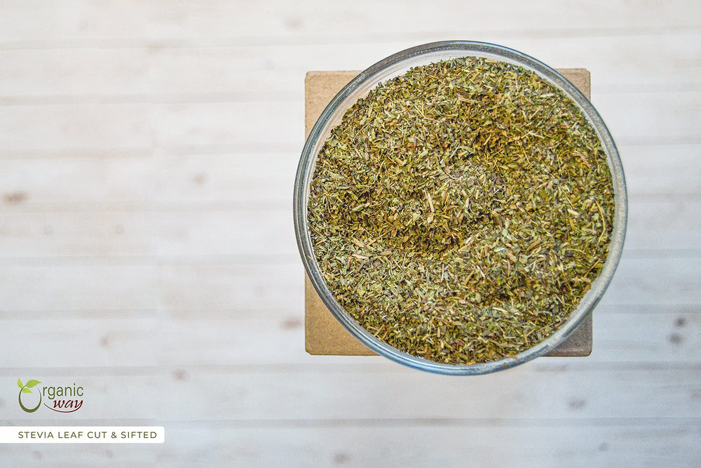 Organic Way Stevia leaf cut & sifted packaging highlights purity for clean ingredient sourcing.