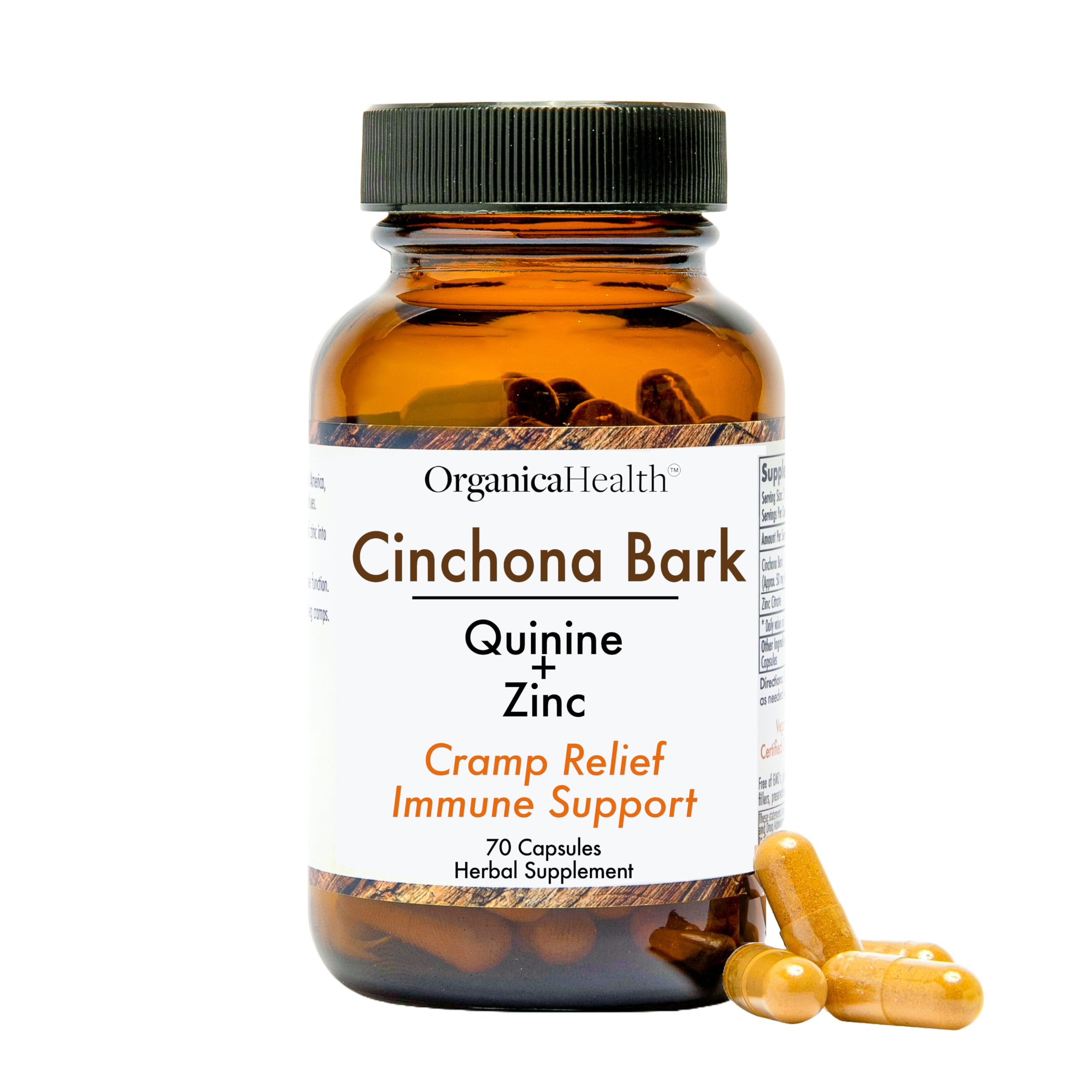 OrganicaHealth Quinine bottle label with Cinchona bark extract for leg-cramp relief.
