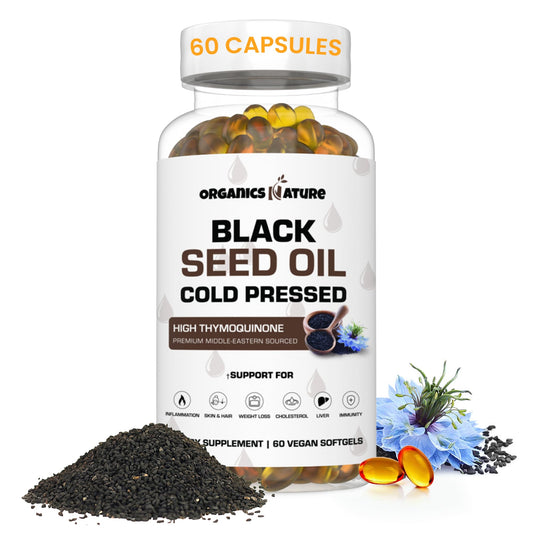 Organics Nature Black Seed Oil bottle with cold-pressed extract for daily wellness.