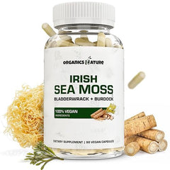 ORGANICS NATURE Irish Sea Moss capsules bottle front—potential energy support in a vegan formula.