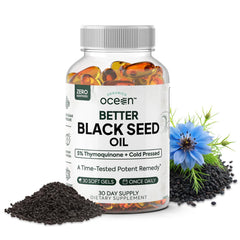 Organics Ocean Better Black Seed Oil bottle close-up for purity and potency.