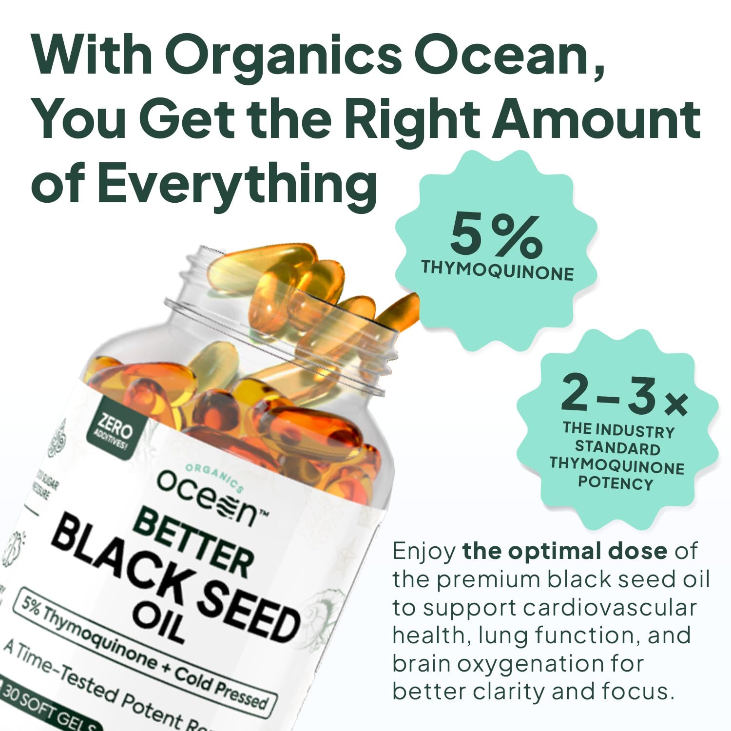 Organics Ocean Better Black Seed Oil softgel capsules for convenient daily intake.