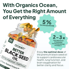 Organics Ocean Better Black Seed Oil softgel capsules for convenient daily intake.