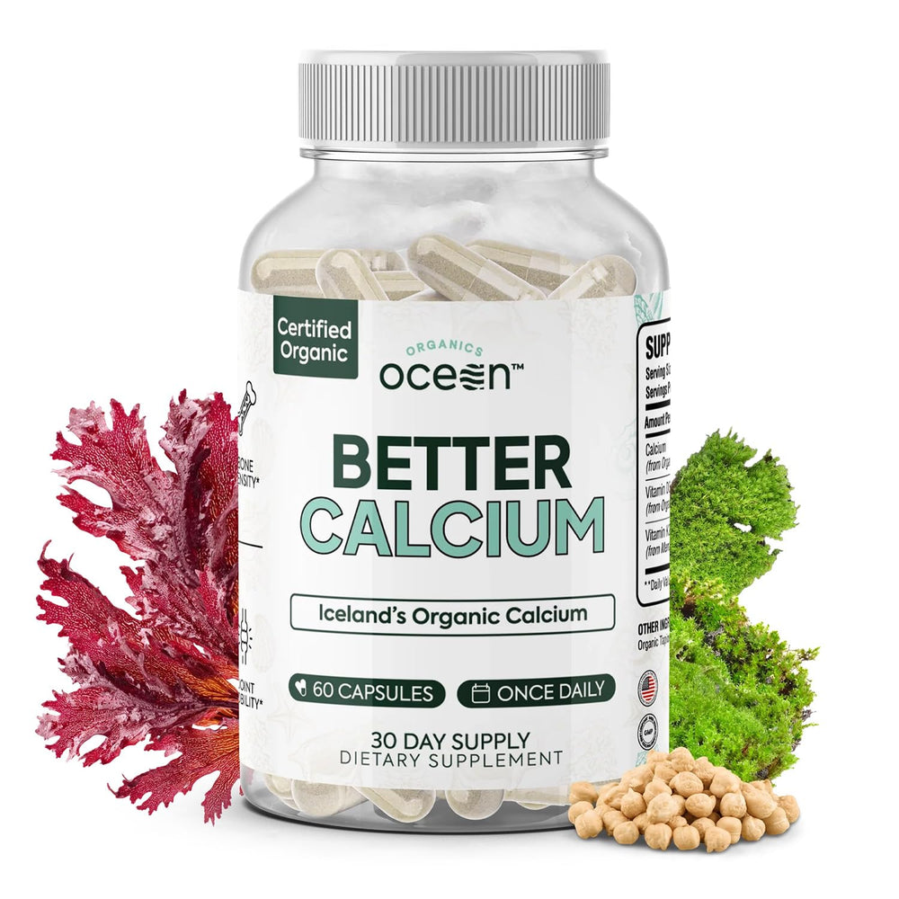 Organics Ocean Better Calcium bottle front showing plant-based calcium for bone support.