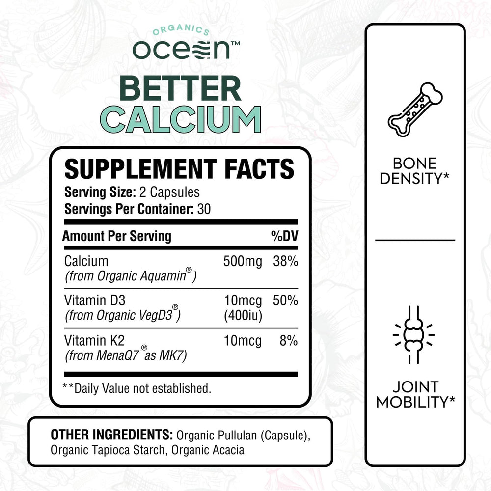 Organics Ocean Better Calcium capsules pack close-up highlighting vegan algae calcium.