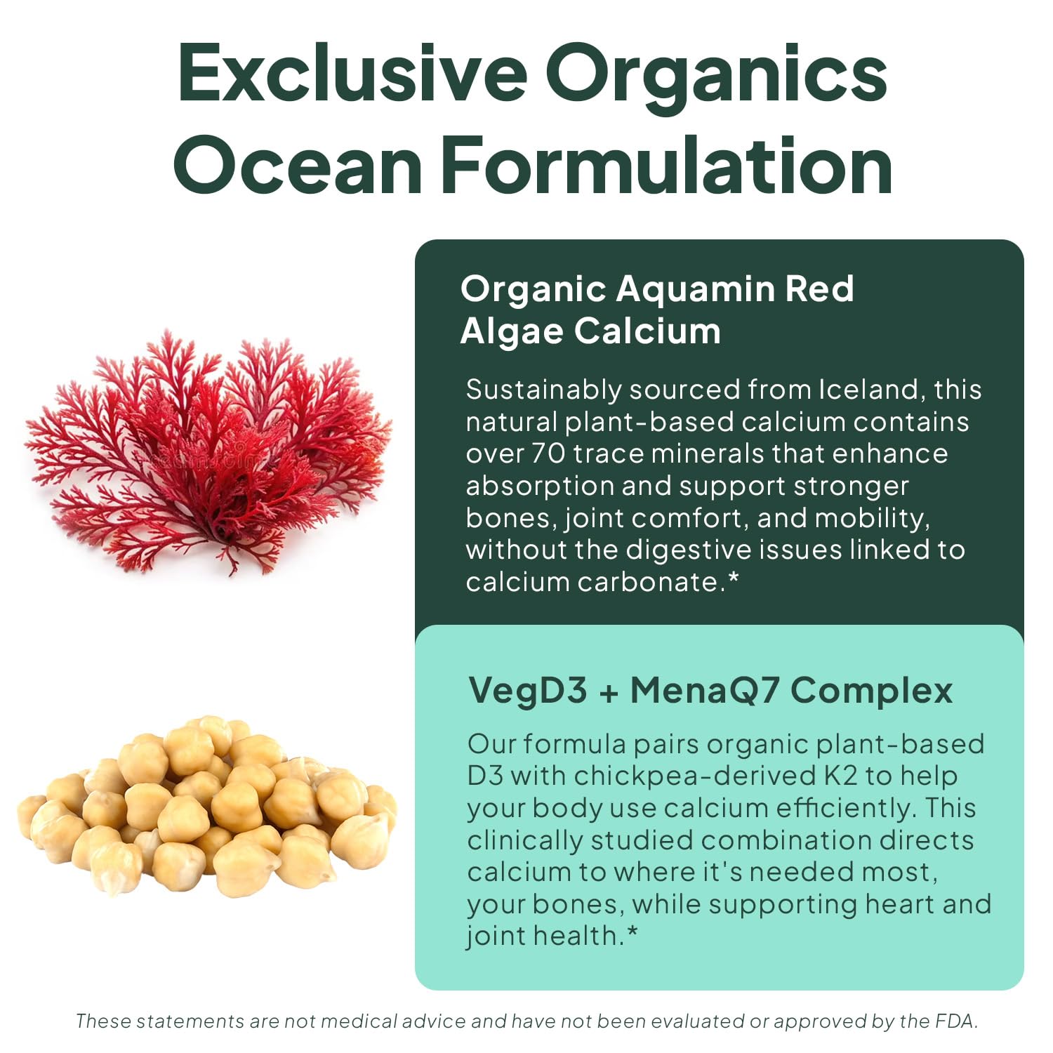 Organics Ocean Better Calcium capsules with D3 and K2 components visible.