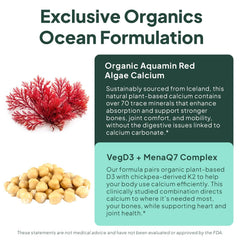 Organics Ocean Better Calcium capsules with D3 and K2 components visible.