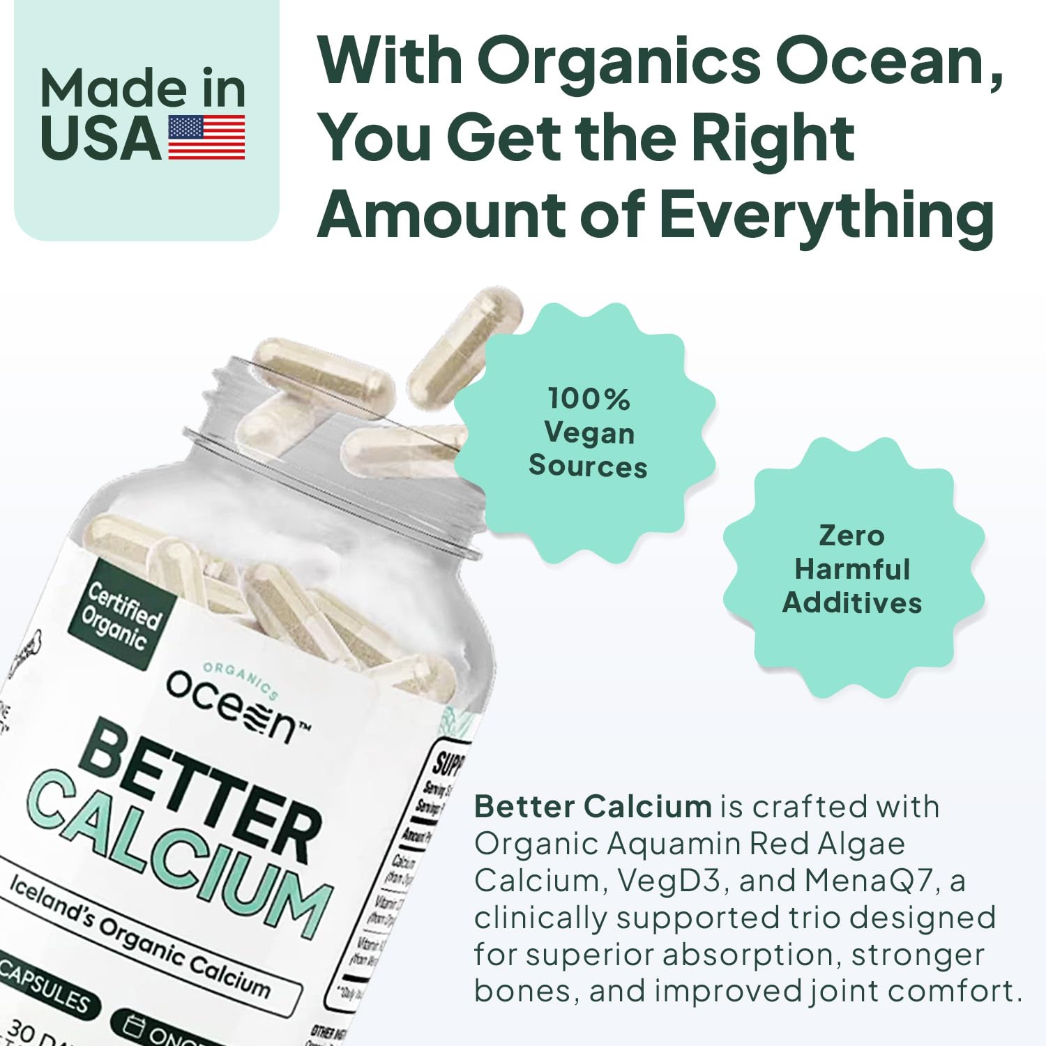 Organics Ocean Better Calcium label details Aquamin, VegD3, and MenaQ7 in the blend.