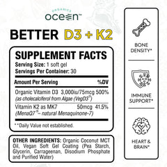 Close-up of capsules showing VegD3 and MK7 K2 for calcium balance.