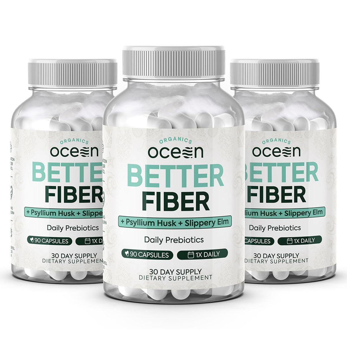 Organics Ocean Better Fiber bottle showcasing capsules for daily digestion support.