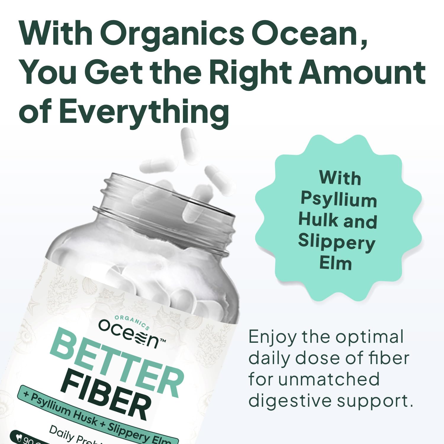 Organics Ocean Better Fiber label highlights psyllium, slippery elm, and aloe ferox benefits.
