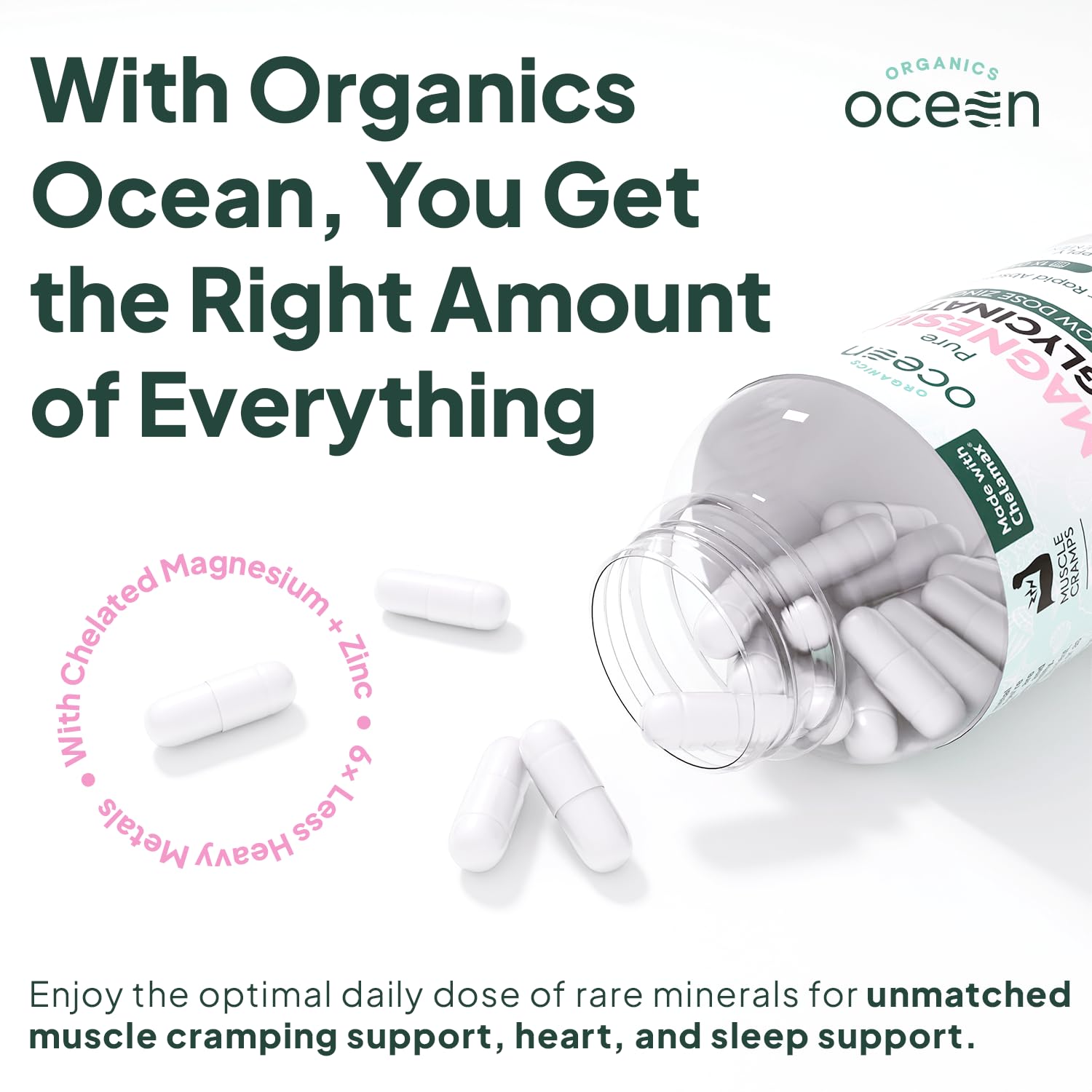 Organics Ocean Chelated formulation close-up showcases easy digestion and strong absorption.