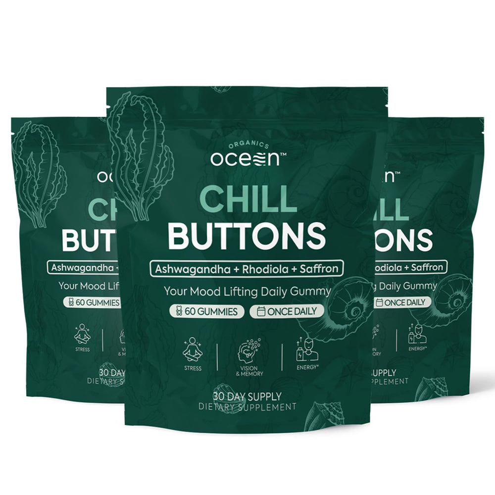 Organics Ocean Chill Buttons gummy with ashwagandha promoting relaxation.