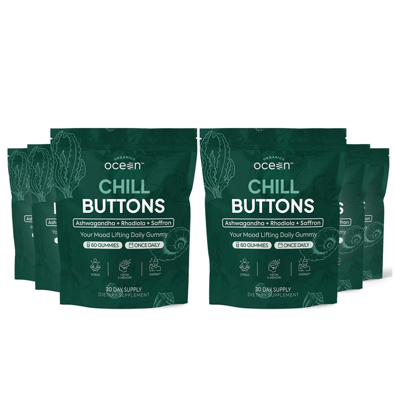 Organics Ocean Chill Buttons bottle front with a calming daily wellness routine