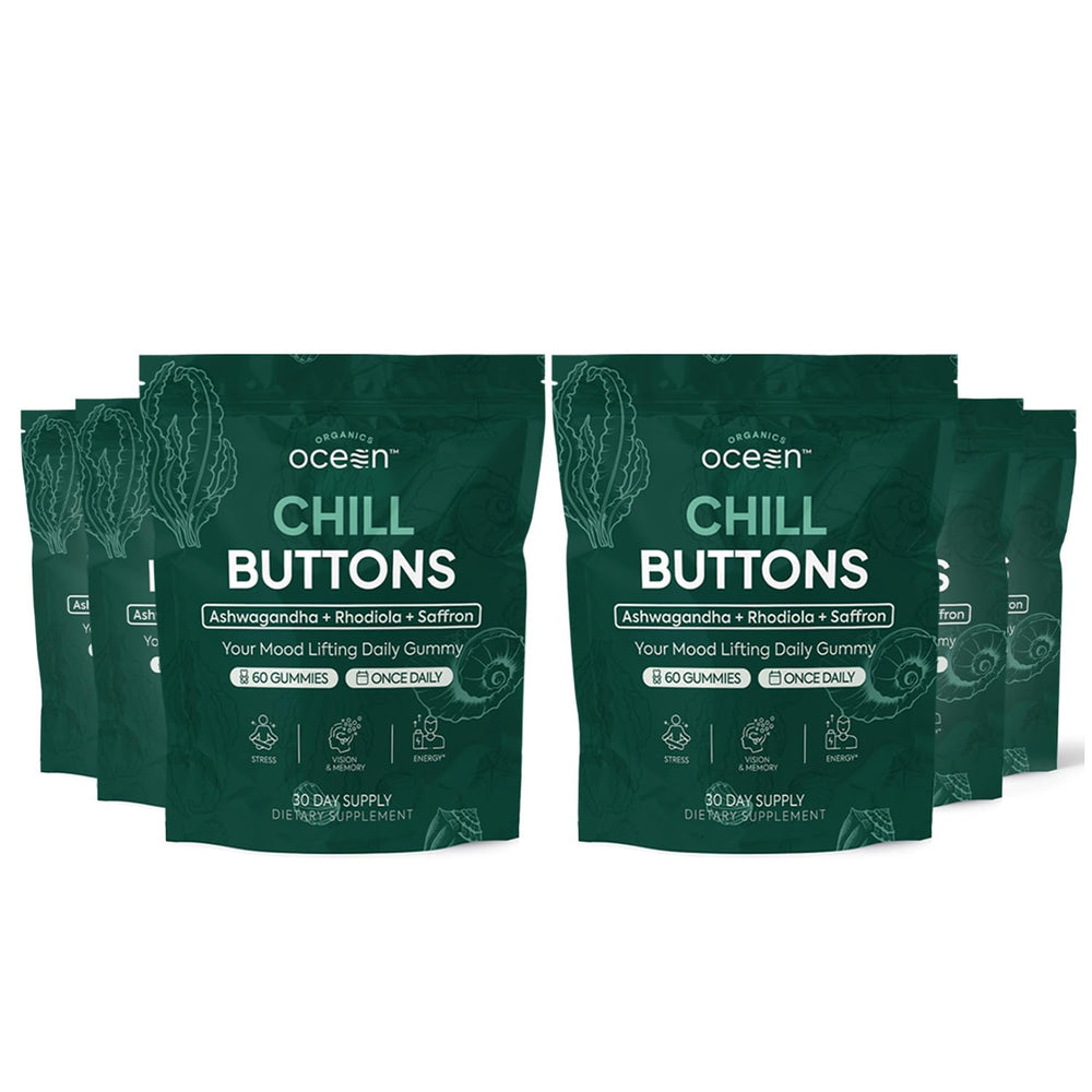 Organics Ocean Chill Buttons bottle front with a calming daily wellness routine