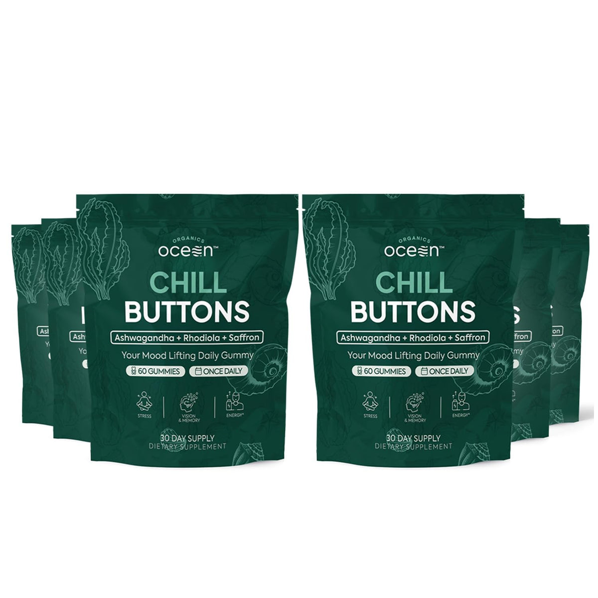 Organics Ocean Chill Buttons bottle front with a calming daily wellness routine