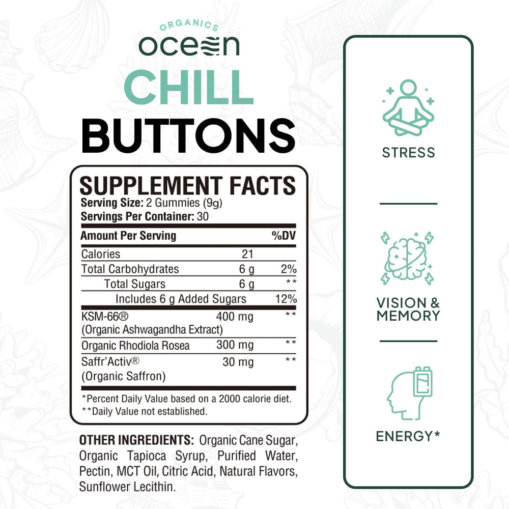 Organics Ocean Chill Buttons gummy closeup highlighting soothing texture and natural ingredients