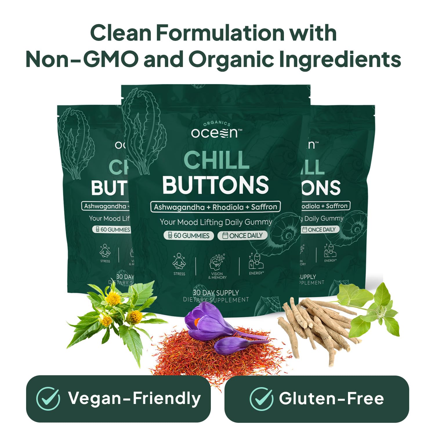 Organics Ocean Chill Buttons morning routine with gummies promotes calm focus