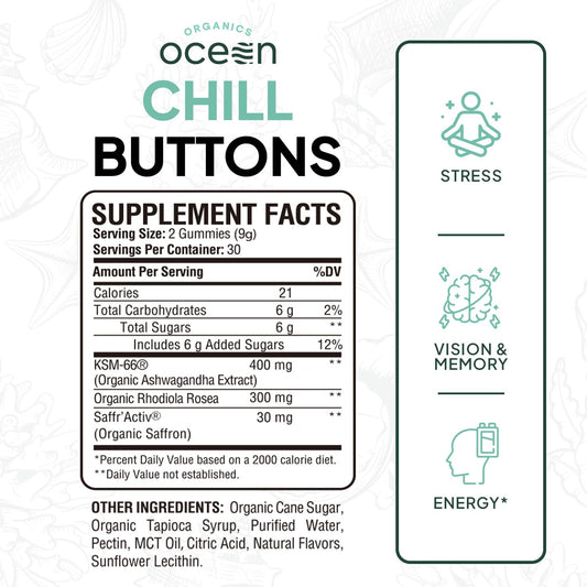 Organics Ocean Chill Buttons with Rhodiola for improved focus and energy.
