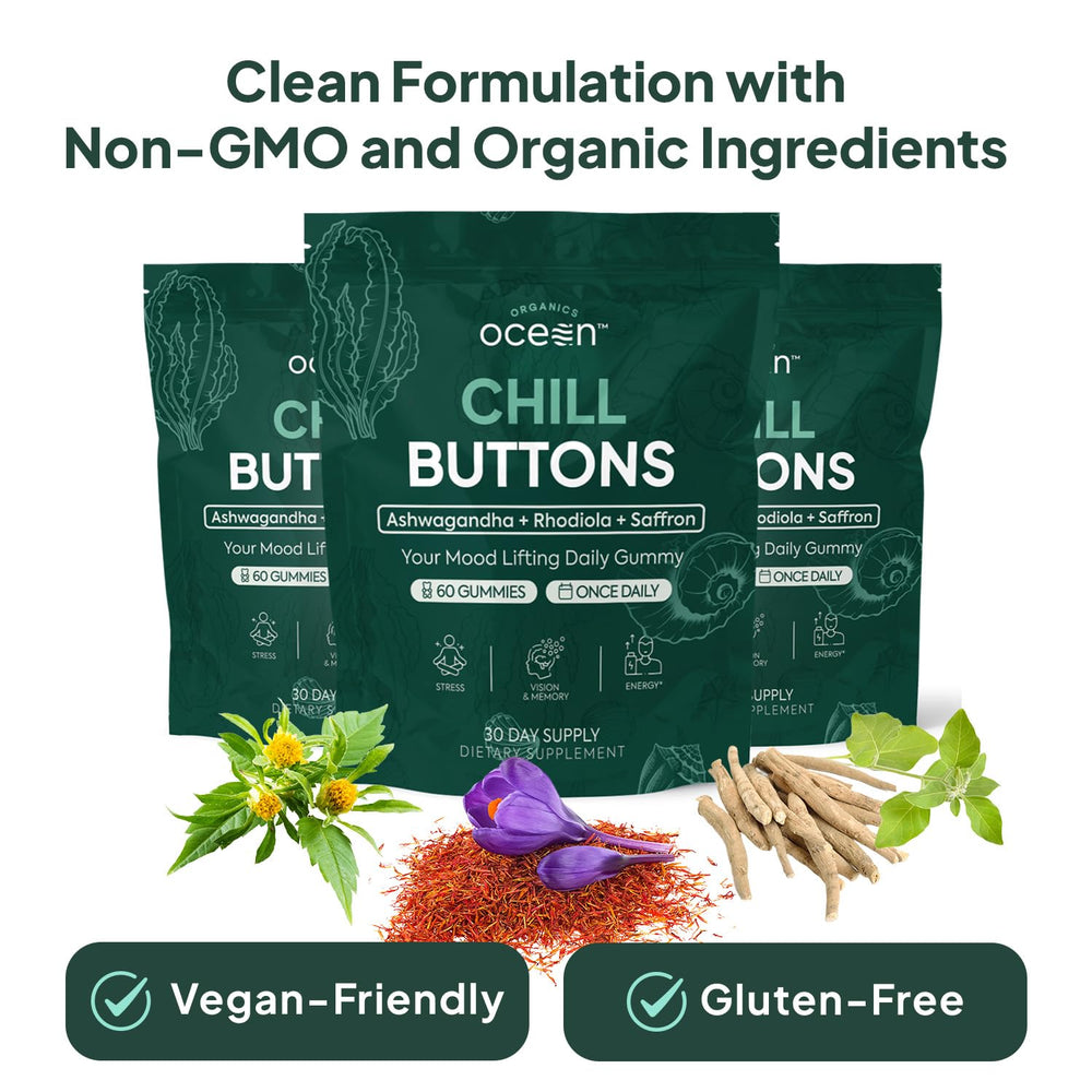 Vegan and gluten-free label on Organics Ocean Chill Buttons bottle.
