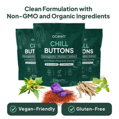 Vegan and gluten-free label on Organics Ocean Chill Buttons bottle.