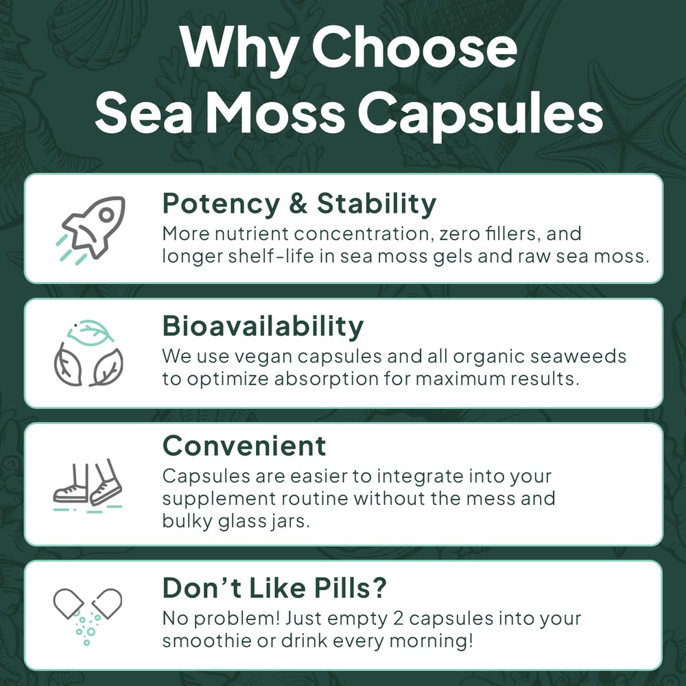 Organics Ocean iodine rich sea moss image indicating thyroid support nutrition.