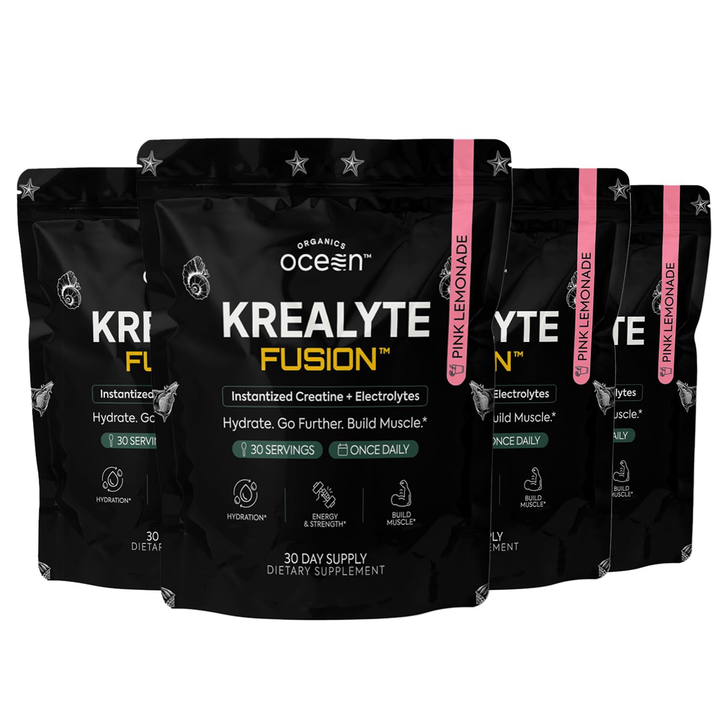 Organics Ocean Krealyte Fusion bottle label showcases vegan, sugar-free formula for clean fueling.