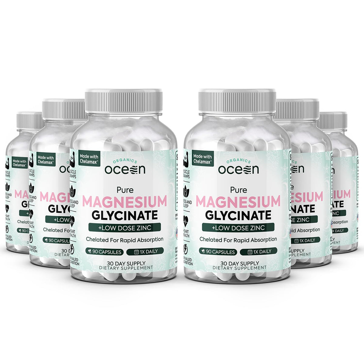 Organics Ocean bottle shows pure magnesium glycinate with zinc for daily support.