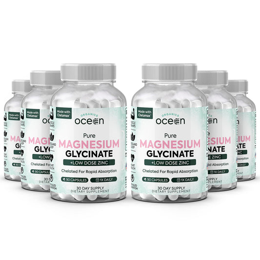 Organics Ocean bottle shows pure magnesium glycinate with zinc for daily support.
