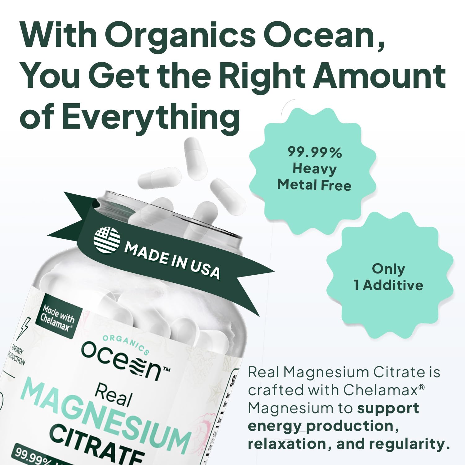 Organics Ocean Real Magnesium Citrate capsules close-up show pure magnesium formula.