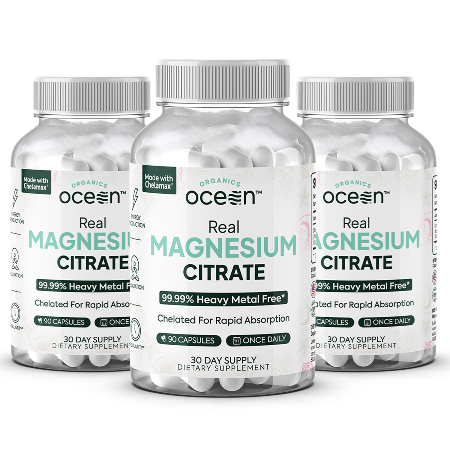 Organics Ocean Real Magnesium Citrate bottle pour demonstrates convenient dosing for energy support.