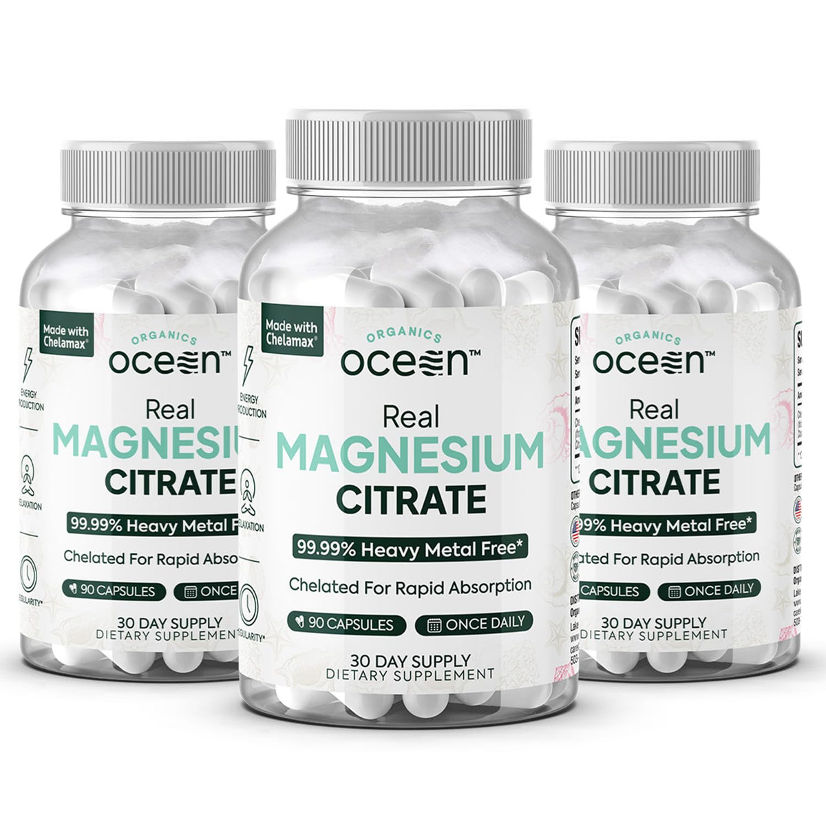 Organics Ocean Real Magnesium Citrate bottle pour demonstrates convenient dosing for energy support.