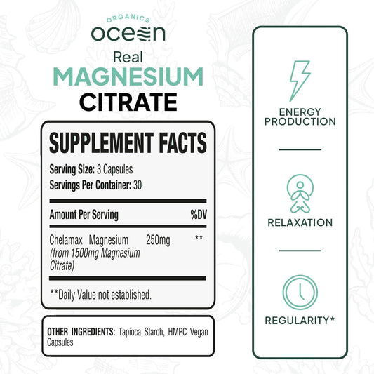 Organics Ocean Real Magnesium Citrate bottle label highlights chelated absorption benefits.