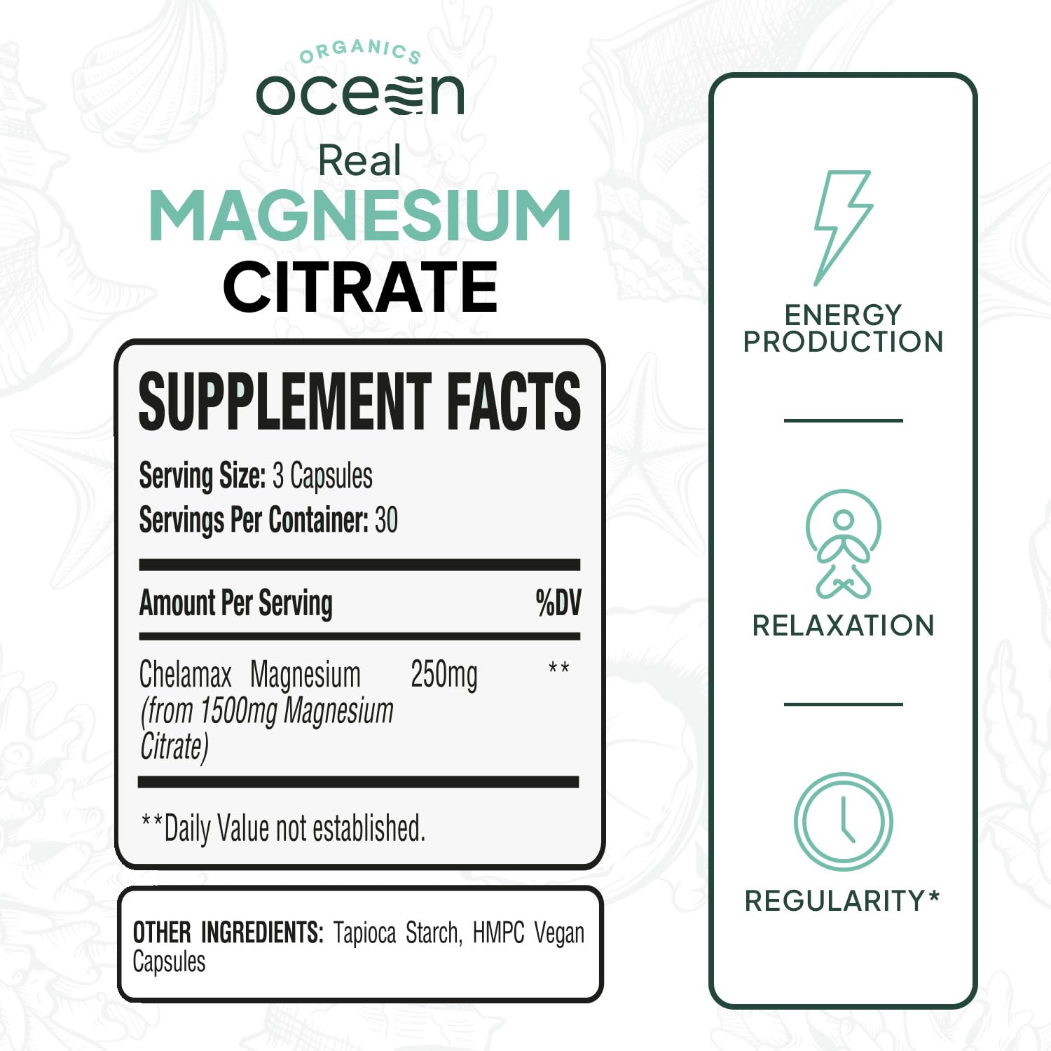 Organics Ocean Real Magnesium Citrate capsules—packaging shot signaling clean formulation for energy support.