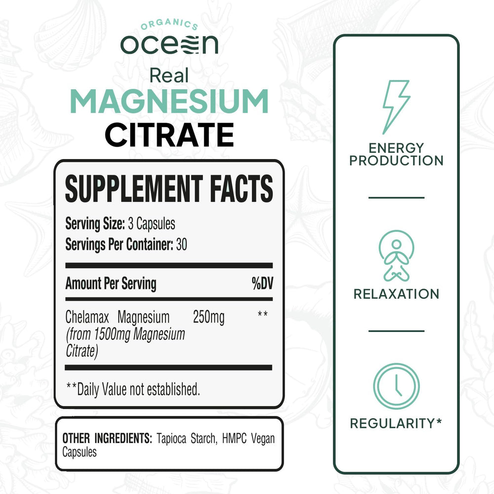 Organics Ocean Real Magnesium Citrate capsules—packaging shot signaling clean formulation for energy support.