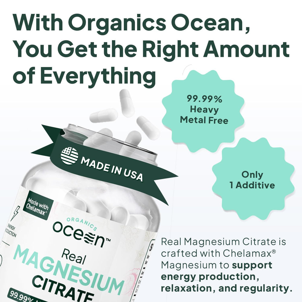 Organics Ocean Real Magnesium Citrate dosage scene showing three capsules per serving.