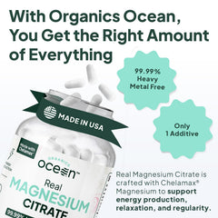 Organics Ocean Real Magnesium Citrate dosage scene showing three capsules per serving.