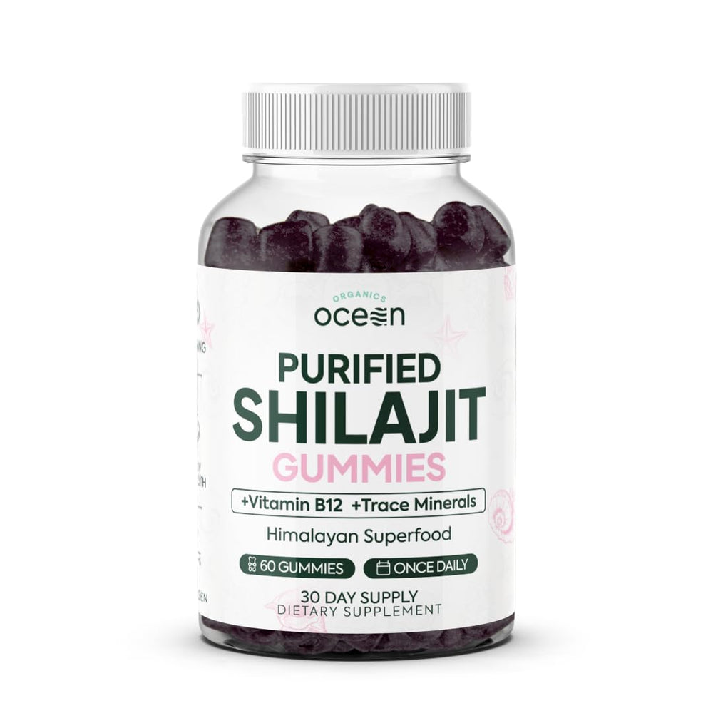 Organics Ocean Shilajit Gummies bottle close-up highlighting energy support.
