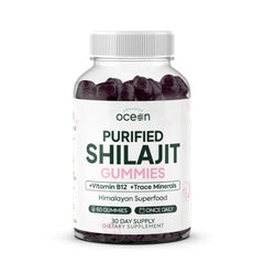 Organics Ocean Shilajit Gummies bottle close-up highlighting energy support.