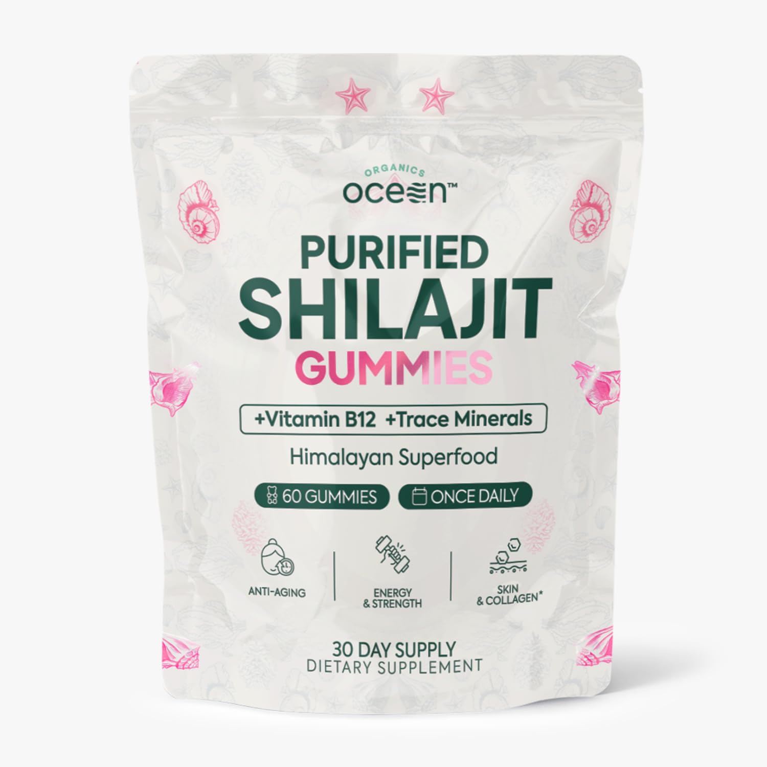 Organics Ocean Shilajit Gummies bottle; premium energy support with pumpkin cocoa flavor