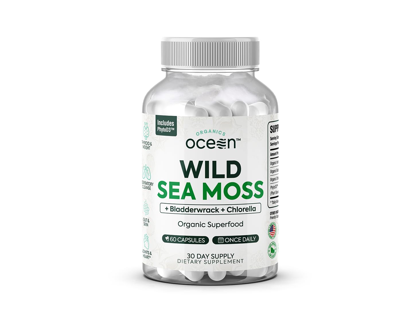 Organics Ocean Wild Sea Moss Capsules bottle for daily wellness.