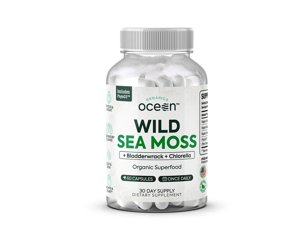 Organics Ocean Wild Sea Moss Capsules bottle for daily wellness.