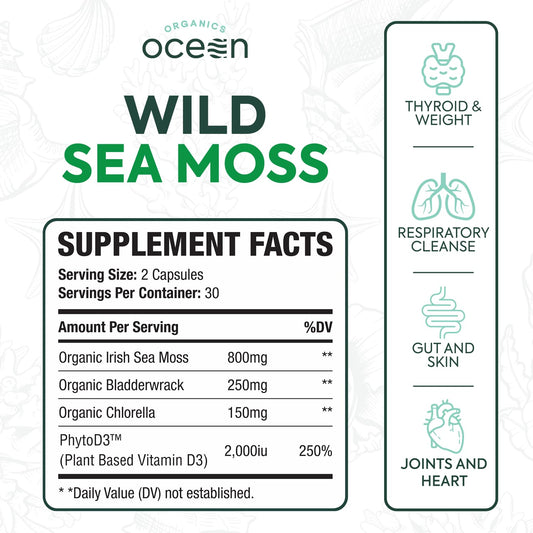 Closeup of Organics Ocean sea moss capsules.