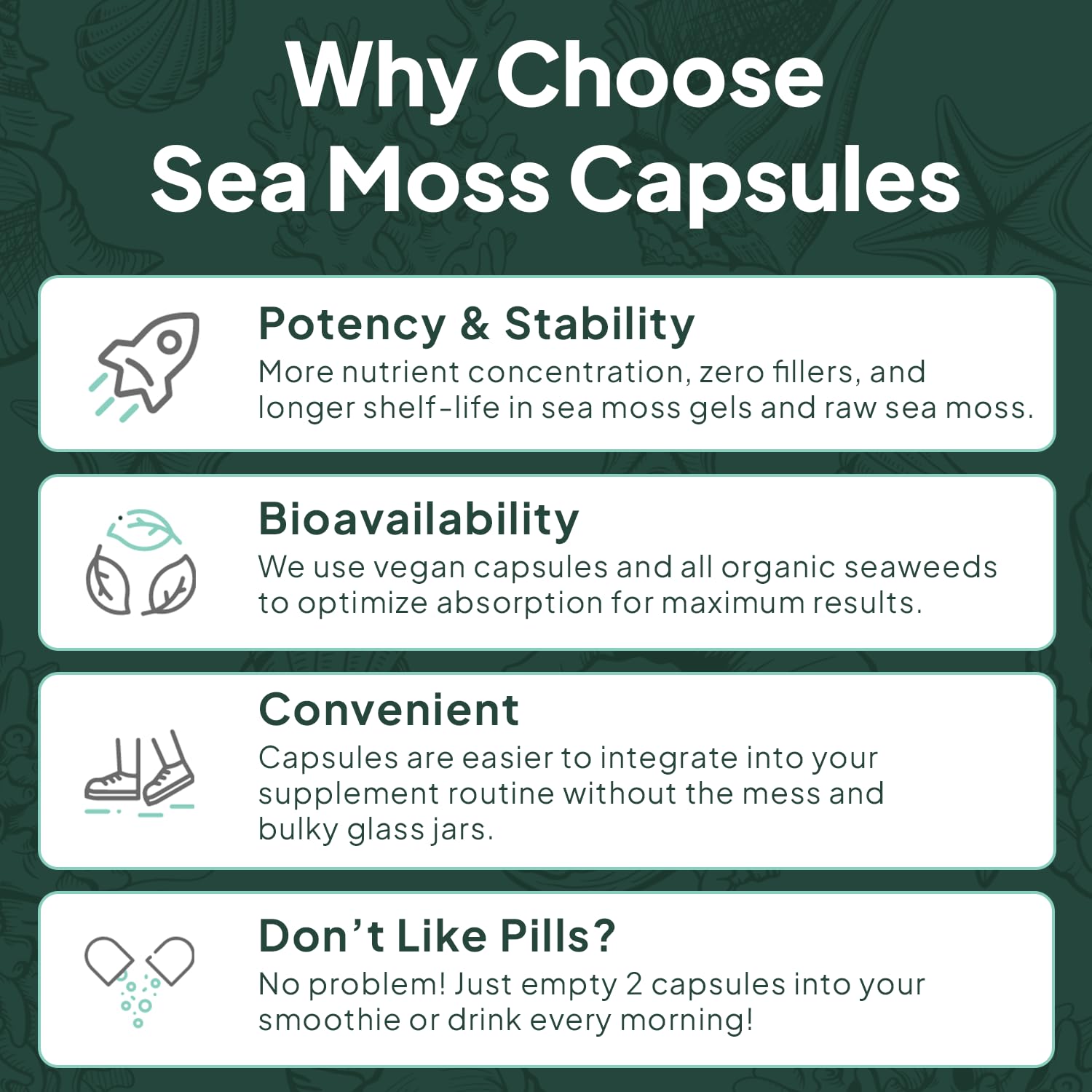 Organics Ocean serving-sized capsules for daily dosing.