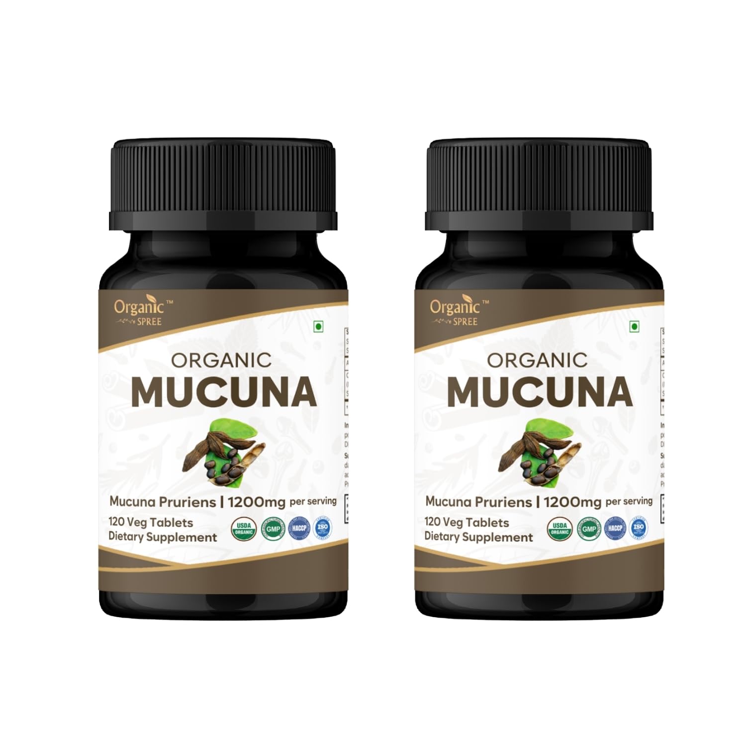Organic Spree Mucuna tablets closeup for daily vegetarian supplement routine.