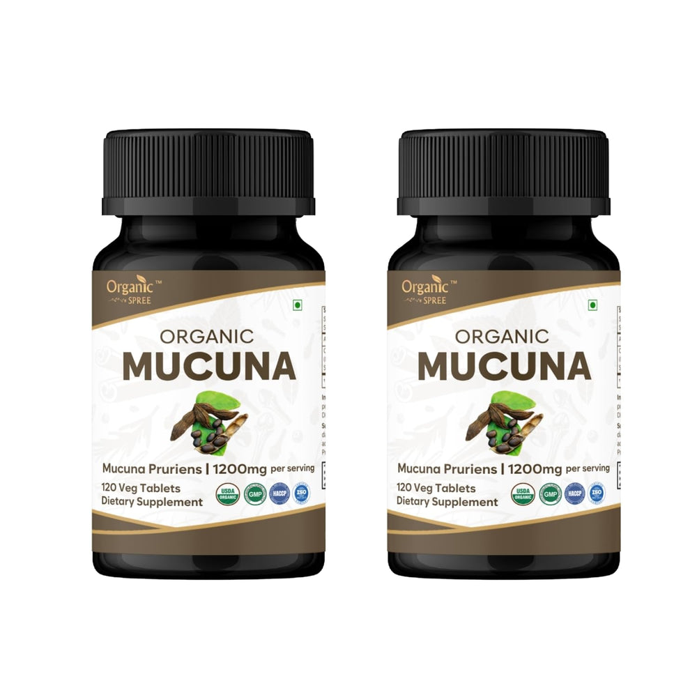 Organic Spree Mucuna tablets closeup for daily vegetarian supplement routine.